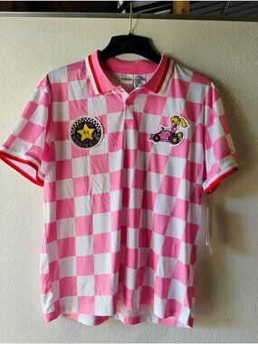 Mario Kart Princess Peach Pink Checkered Polo Shirt Size S